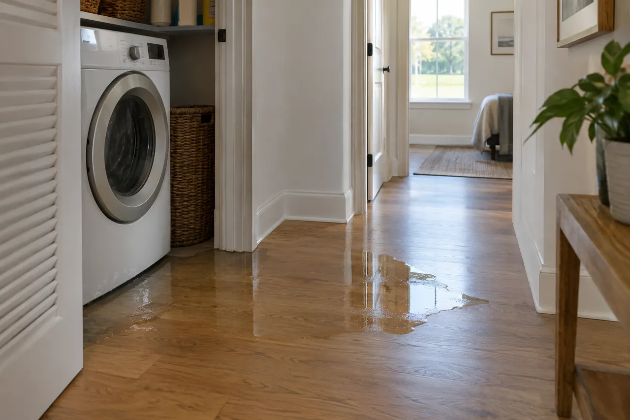 Shallow water spreading from a laundry closet across a hallway floor